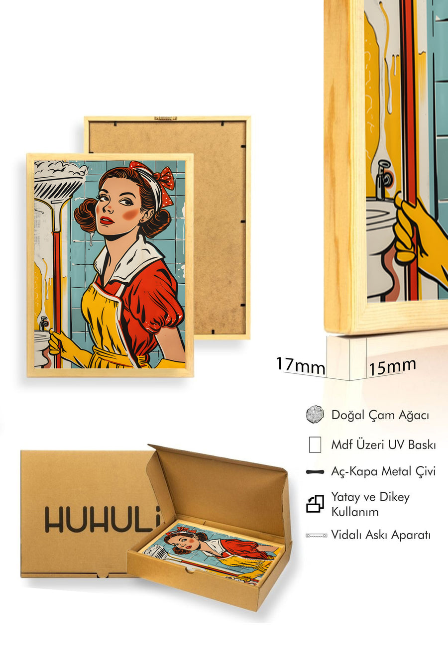 Doğal Ahşap Çerçeveli Pop Art Vintage Tablo - Kırmızı Sarı Tonlar | huhu1796