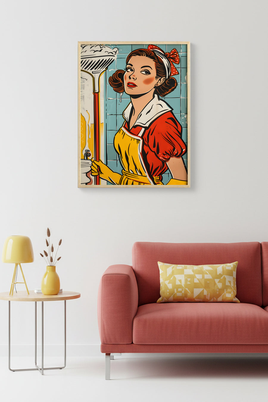 Doğal Ahşap Çerçeveli Pop Art Vintage Tablo - Kırmızı Sarı Tonlar | huhu1796