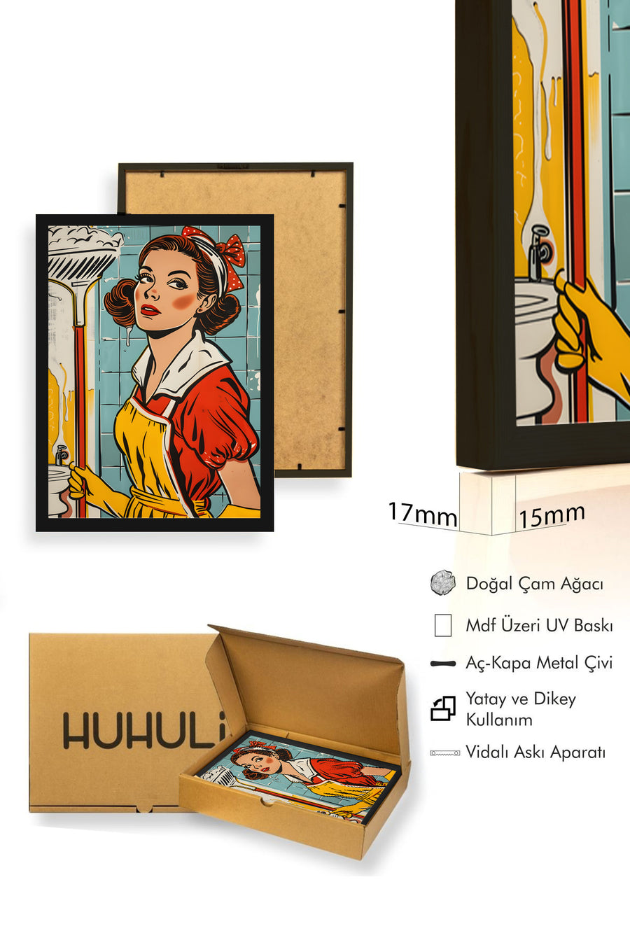 Doğal Ahşap Çerçeveli Pop Art Vintage Tablo - Kırmızı Sarı Tonlar | huhu1796
