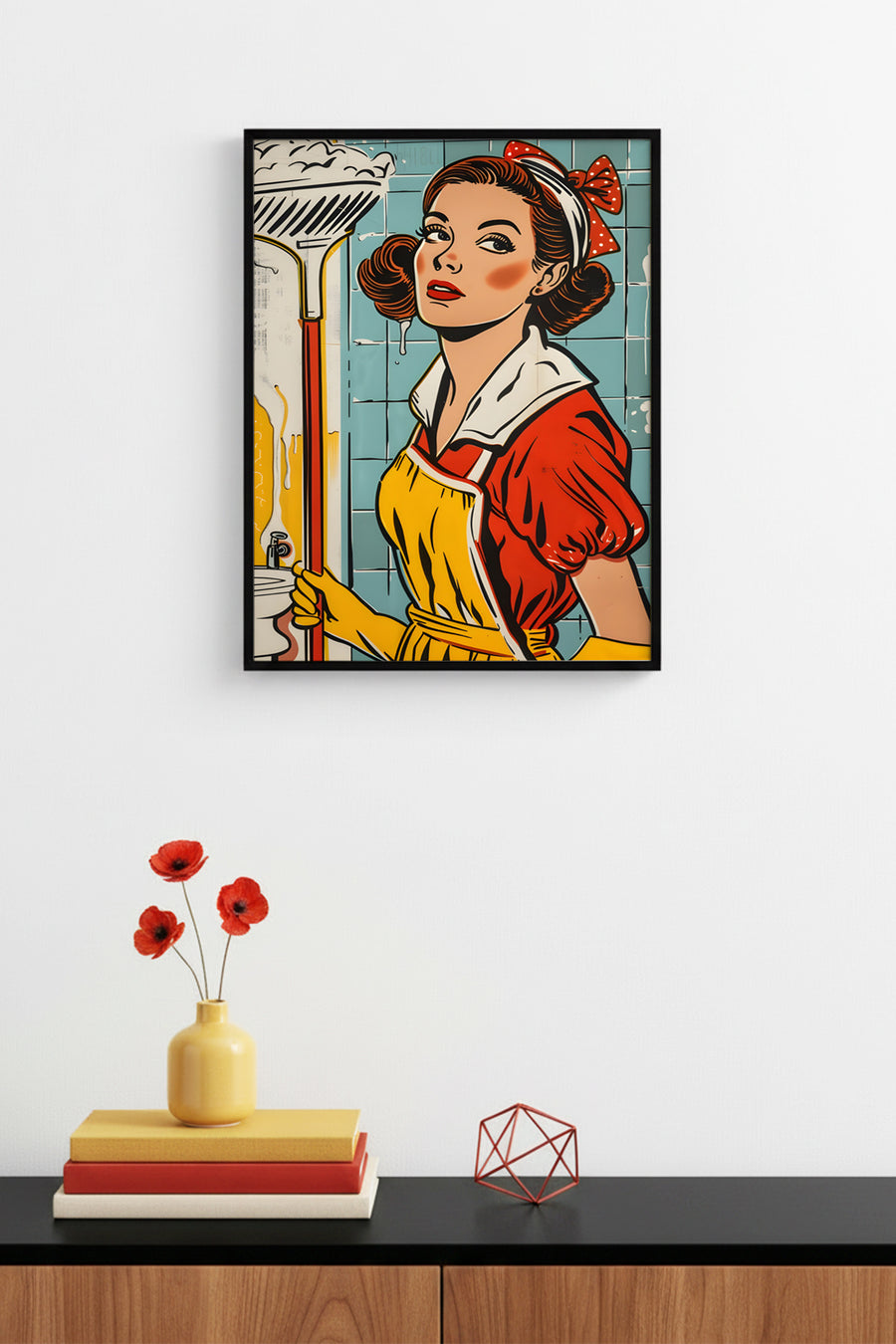 Doğal Ahşap Çerçeveli Pop Art Vintage Tablo - Kırmızı Sarı Tonlar | huhu1796