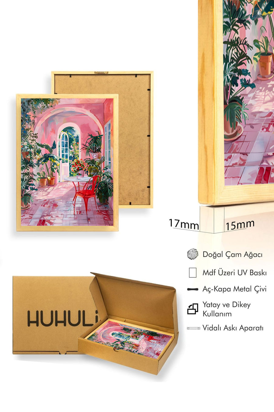 Doğal Ahşap Çerçeveli Botanik Desenli Tablo - Pastel Tonlar | huhu1797