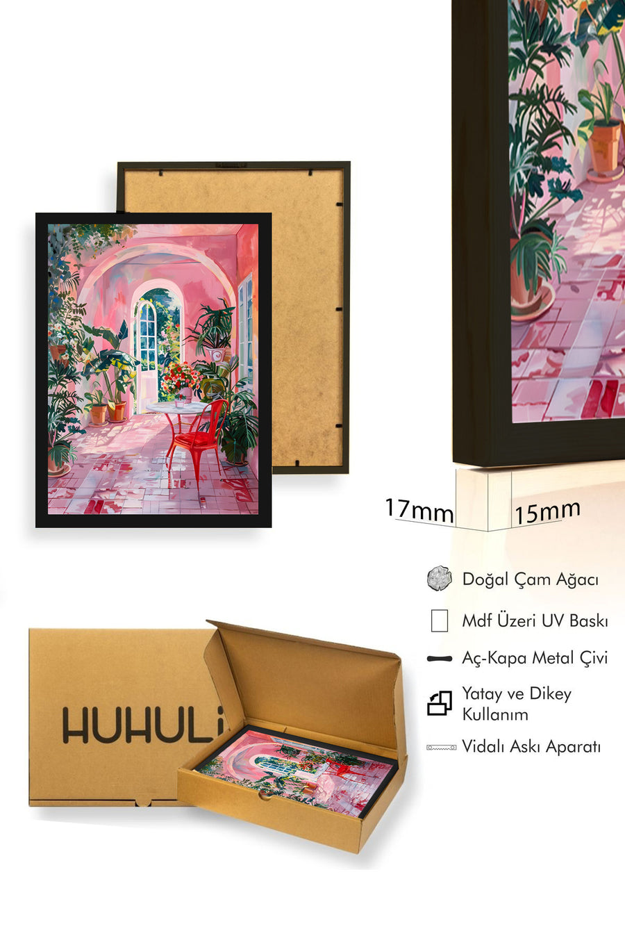 Doğal Ahşap Çerçeveli Botanik Desenli Tablo - Pastel Tonlar | huhu1797
