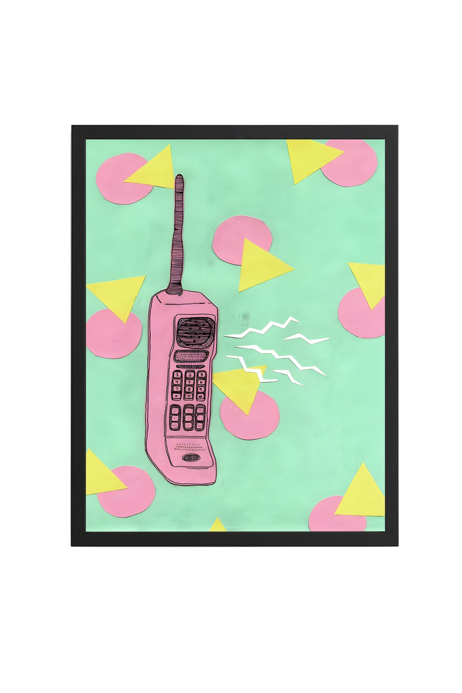 Doğal Ahşap Çerçeveli Pop Art Telefon Çizimi Tablo - Pembe Tonlar | huhu1799