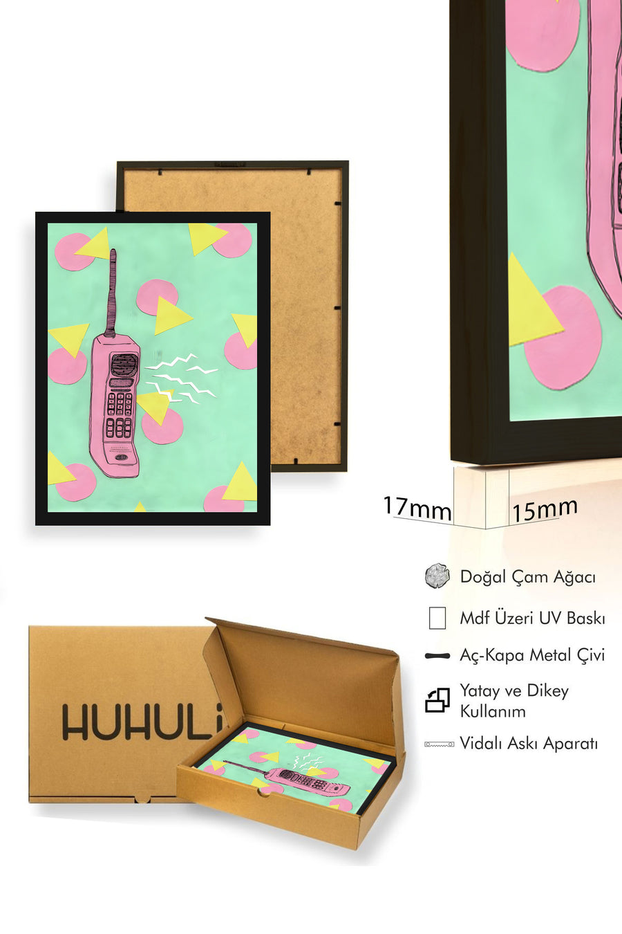 Doğal Ahşap Çerçeveli Pop Art Telefon Çizimi Tablo - Pembe Tonlar | huhu1799