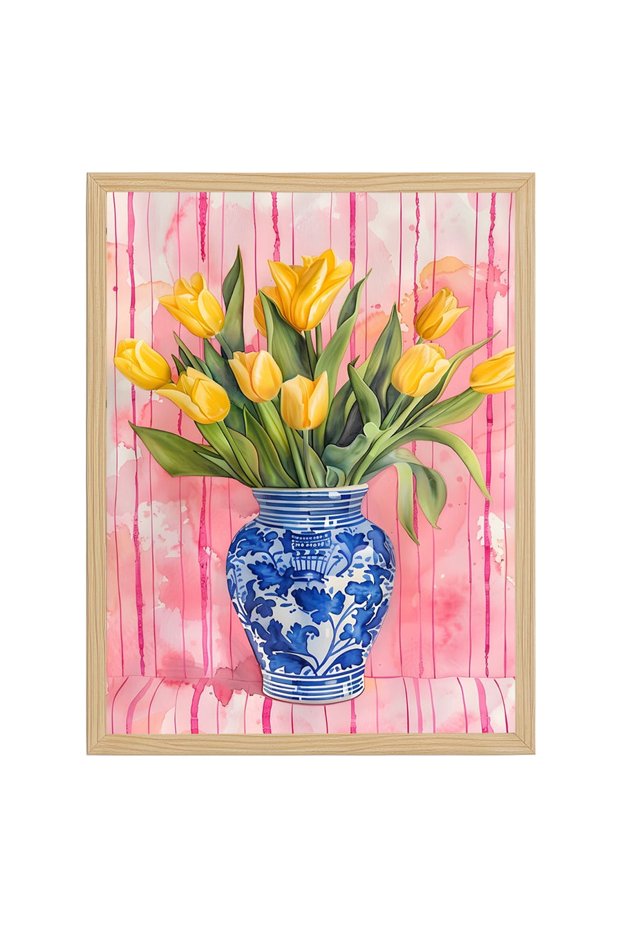Doğal Ahşap Çerçeveli Sarı Tulip Desenli Tablo - Mavi Beyaz Klasik | huhu1802