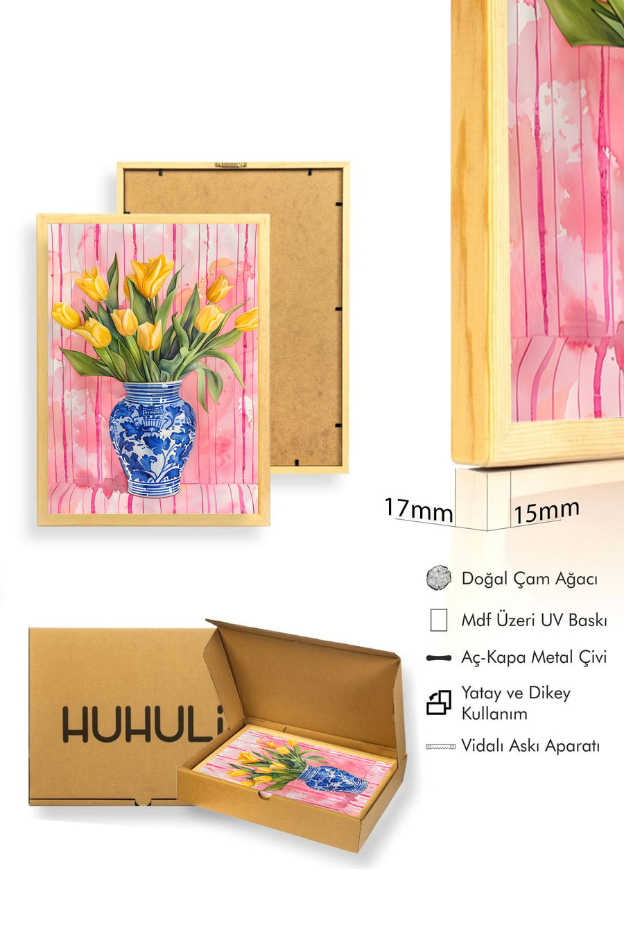 Doğal Ahşap Çerçeveli Sarı Tulip Desenli Tablo - Mavi Beyaz Klasik | huhu1802