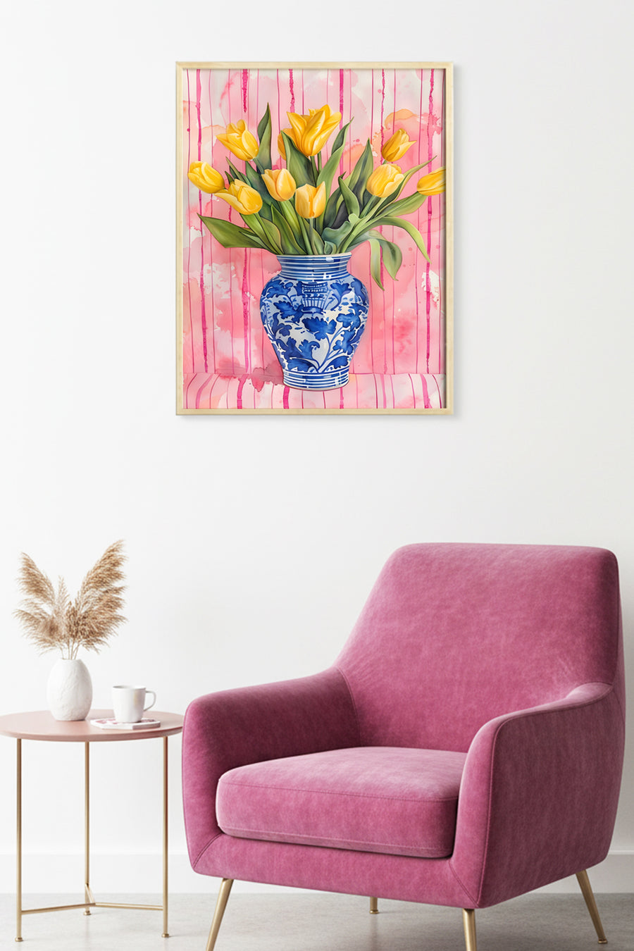Doğal Ahşap Çerçeveli Sarı Tulip Desenli Tablo - Mavi Beyaz Klasik | huhu1802