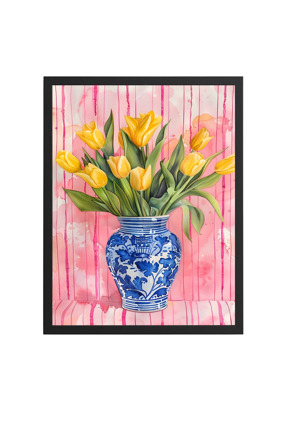 Doğal Ahşap Çerçeveli Sarı Tulip Desenli Tablo - Mavi Beyaz Klasik | huhu1802