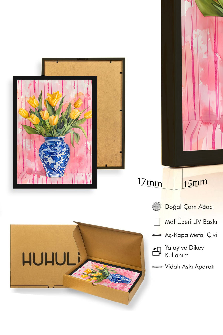 Doğal Ahşap Çerçeveli Sarı Tulip Desenli Tablo - Mavi Beyaz Klasik | huhu1802