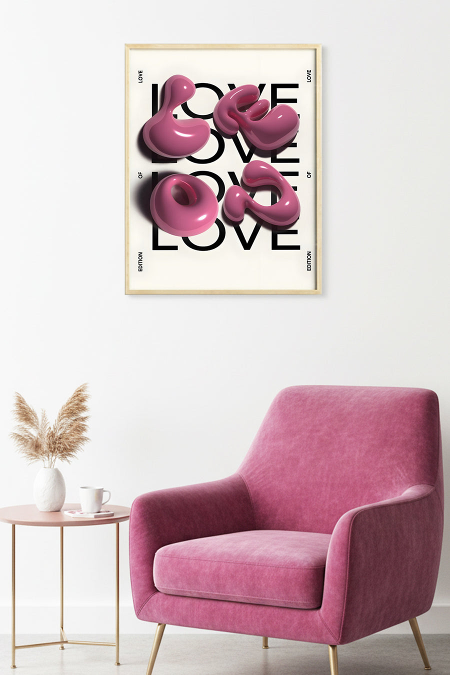 Doğal Ahşap Çerçeveli Soyut Kaligrafik Desenli Tablo - Pembe Tonlar | huhu1804