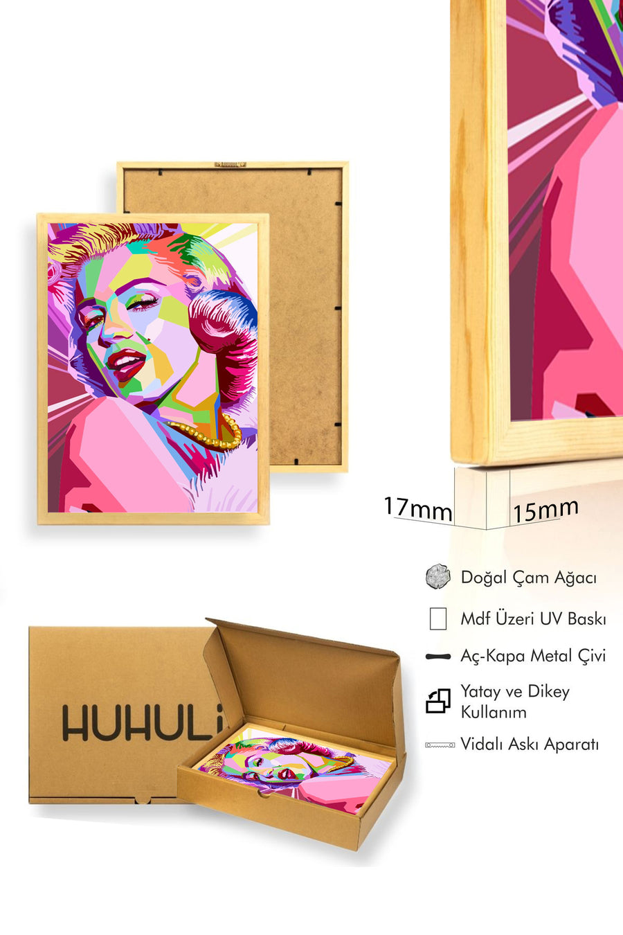 Doğal Ahşap Çerçeveli Pop Art Desenli Tablo - Canlı Tonlar | huhu1805
