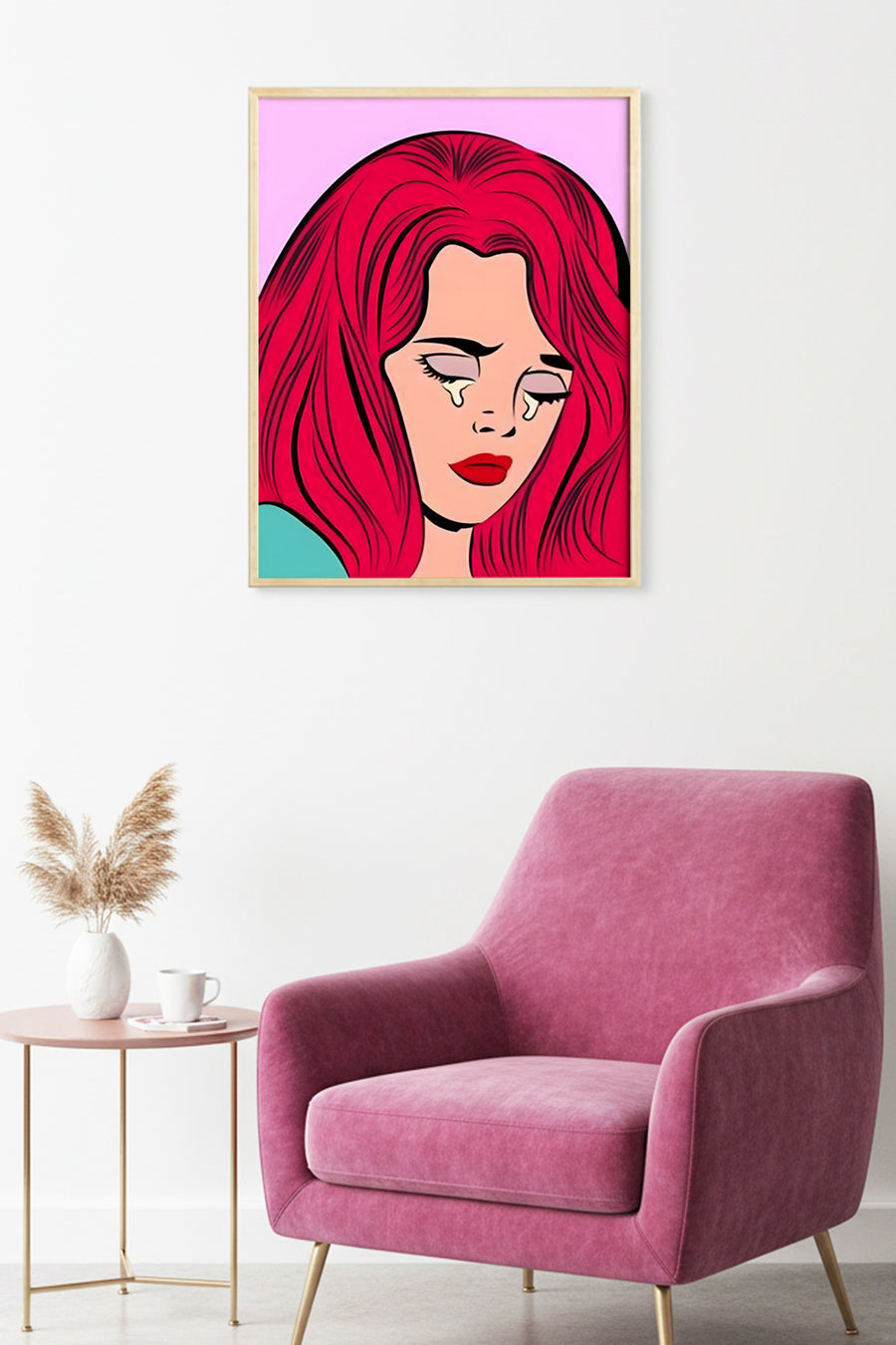 Doğal Ahşap Çerçeveli Pop Art Portre Tablo - Kırmızı Saçlı | huhu1809