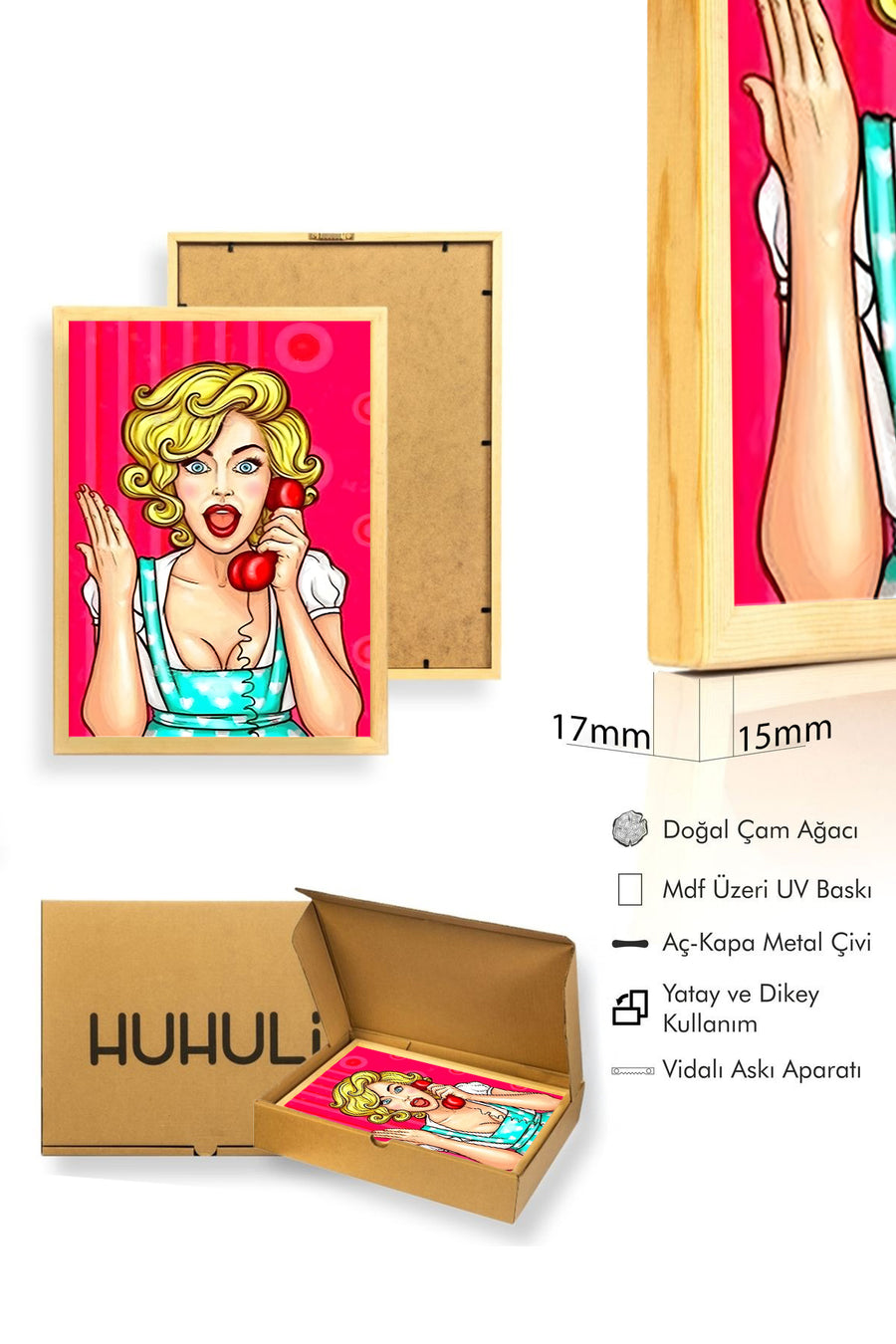Doğal Ahşap Çerçeveli Pop Art Desenli Tablo - Retro Pembe Tonlar | huhu1812