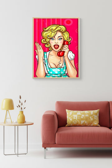 Doğal Ahşap Çerçeveli Pop Art Desenli Tablo - Retro Pembe Tonlar | huhu1812