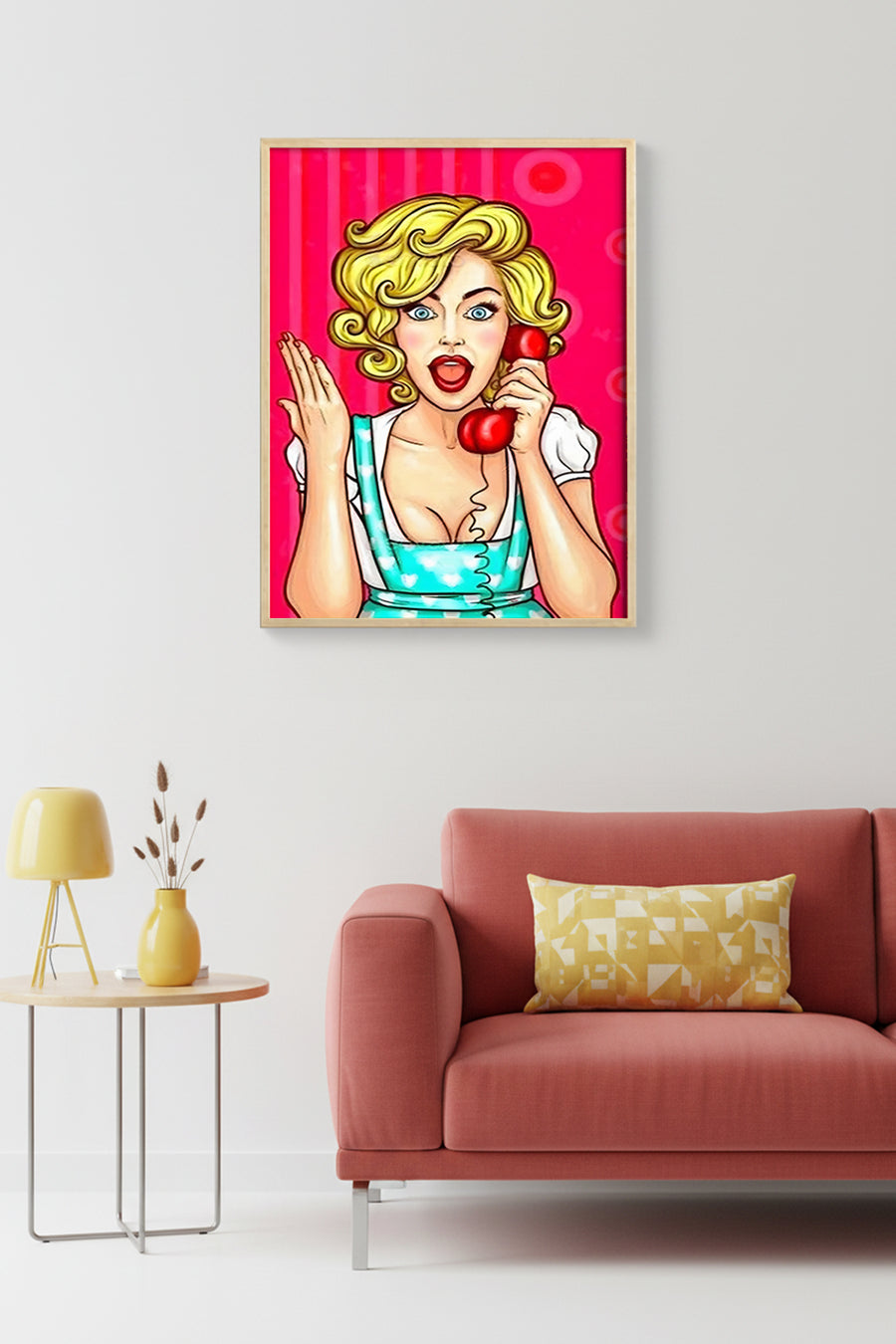 Doğal Ahşap Çerçeveli Pop Art Desenli Tablo - Retro Pembe Tonlar | huhu1812