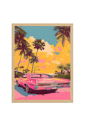 Doğal Ahşap Çerçeveli Tropical Desenli Tablo - Retro Pembe Tonlar | huhu1813