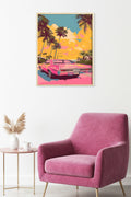 Doğal Ahşap Çerçeveli Tropical Desenli Tablo - Retro Pembe Tonlar | huhu1813