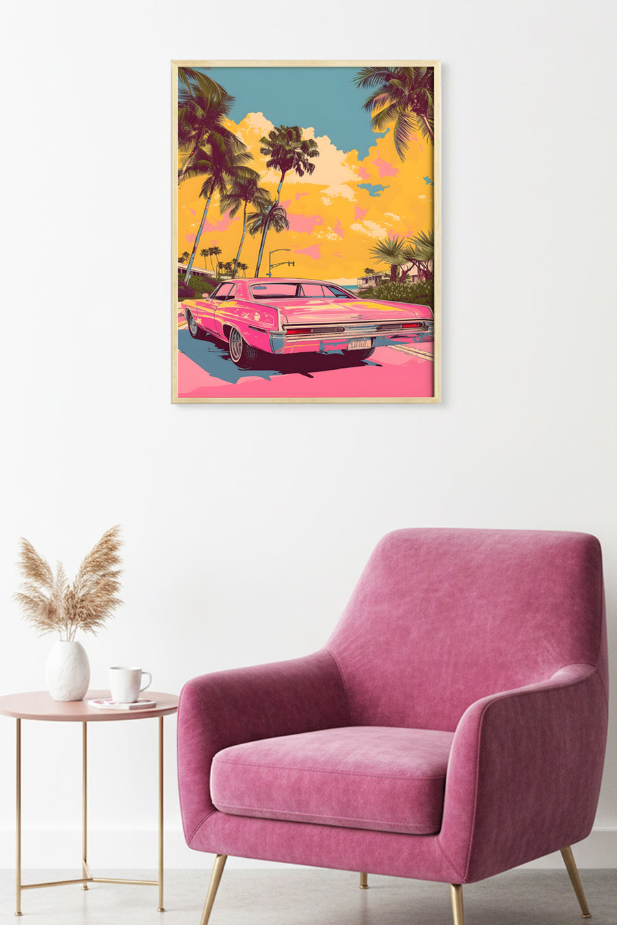 Doğal Ahşap Çerçeveli Tropical Desenli Tablo - Retro Pembe Tonlar | huhu1813