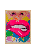 Doğal Ahşap Çerçeveli Pop Art Pembe Dudak Tablo - Canlı Tonlar | huhu1814