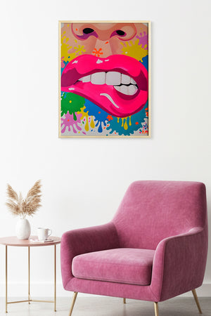 Doğal Ahşap Çerçeveli Pop Art Pembe Dudak Tablo - Canlı Tonlar | huhu1814