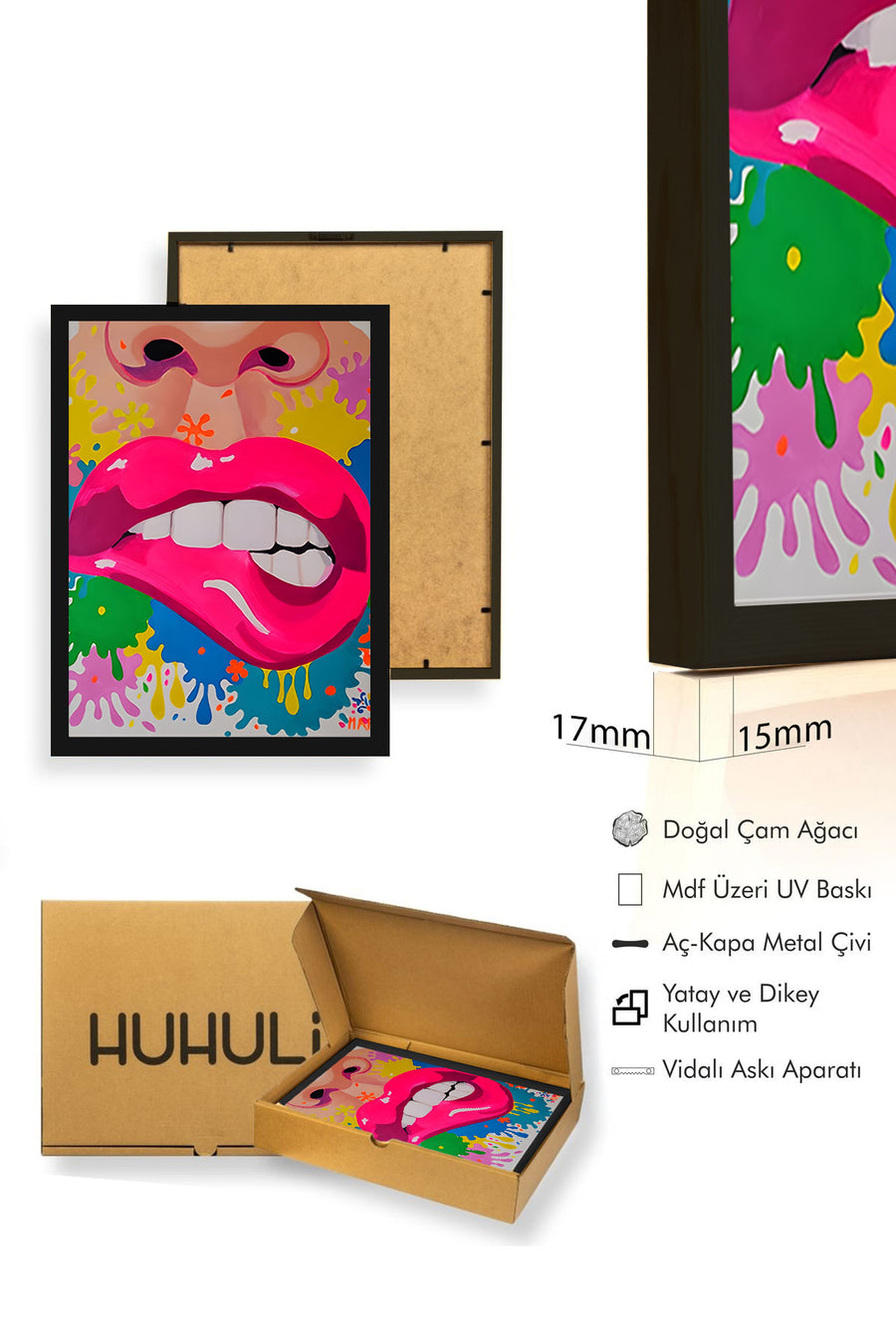 Doğal Ahşap Çerçeveli Pop Art Pembe Dudak Tablo - Canlı Tonlar | huhu1814