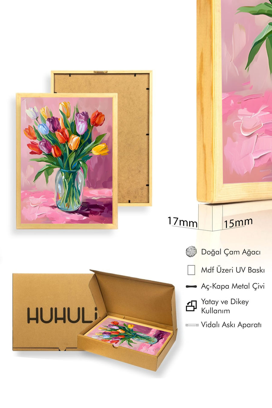 Doğal Ahşap Çerçeveli Soyut Çiçek Desenli Tablo - Canlı Bahar Tonları | huhu1816