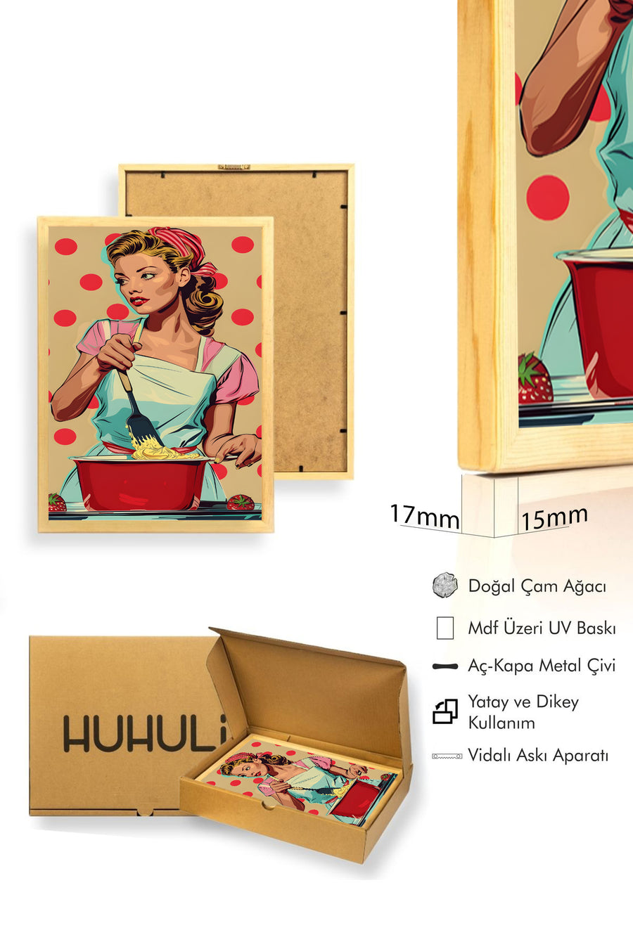 Doğal Ahşap Çerçeveli Mutfak İllüstrasyonlu Tablo - Retro Kırmızı Sarı | huhu1826