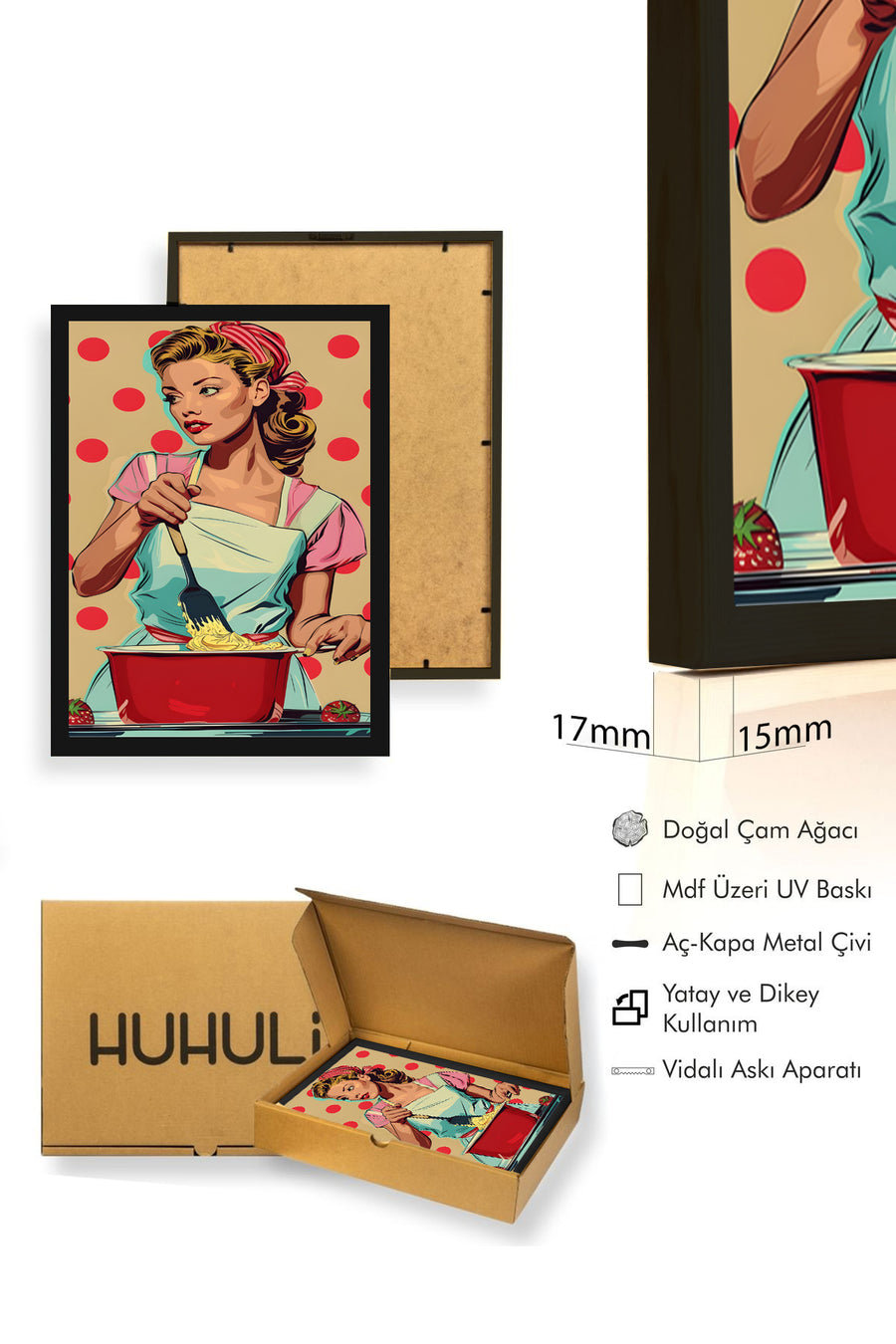 Doğal Ahşap Çerçeveli Mutfak İllüstrasyonlu Tablo - Retro Kırmızı Sarı | huhu1826