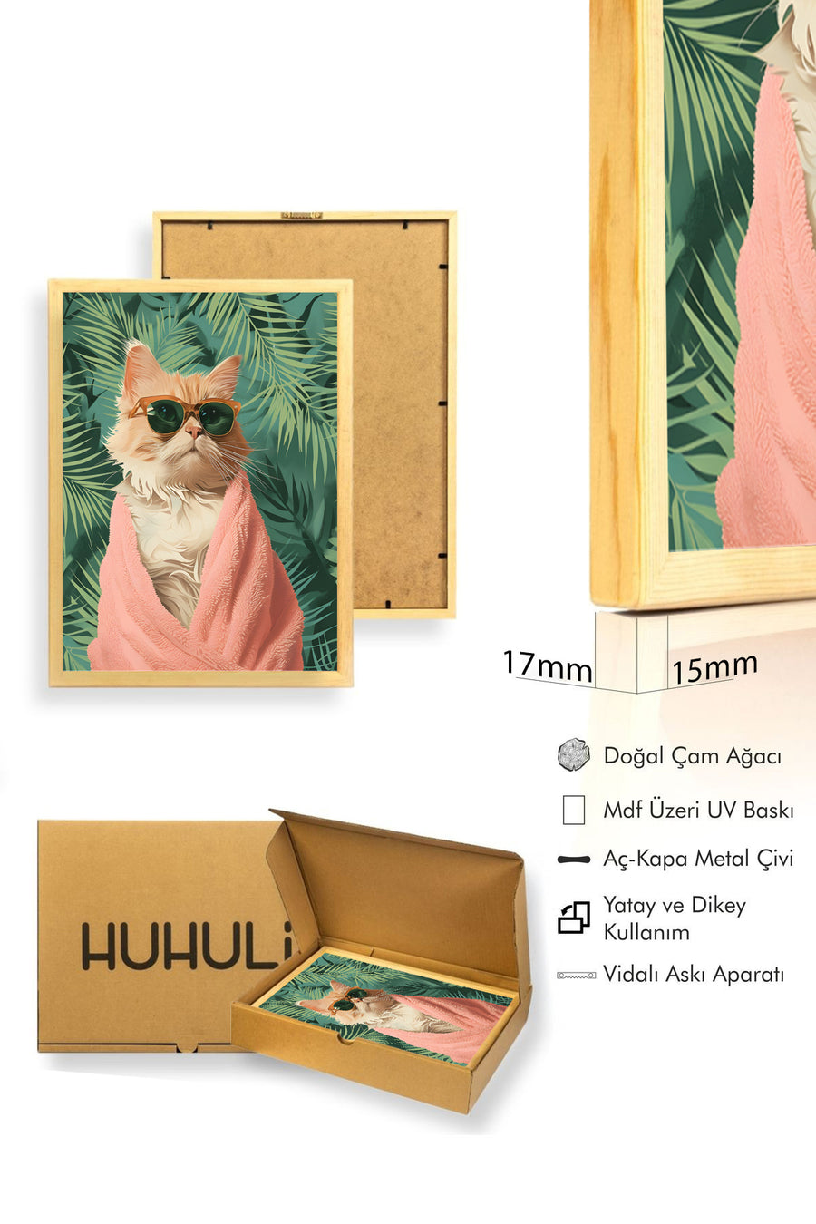 Doğal Ahşap Çerçeveli Tropikal Desenli Tablo - Yeşil Hayvan | huhu1835