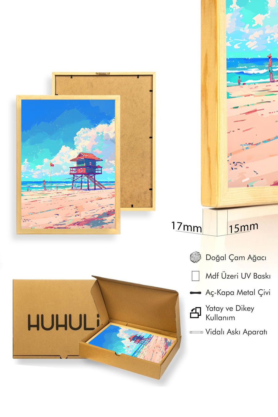 Doğal Ahşap Çerçeveli Sahil Tablo - İllüstratif Desen - Yaz Temalı | huhu1838