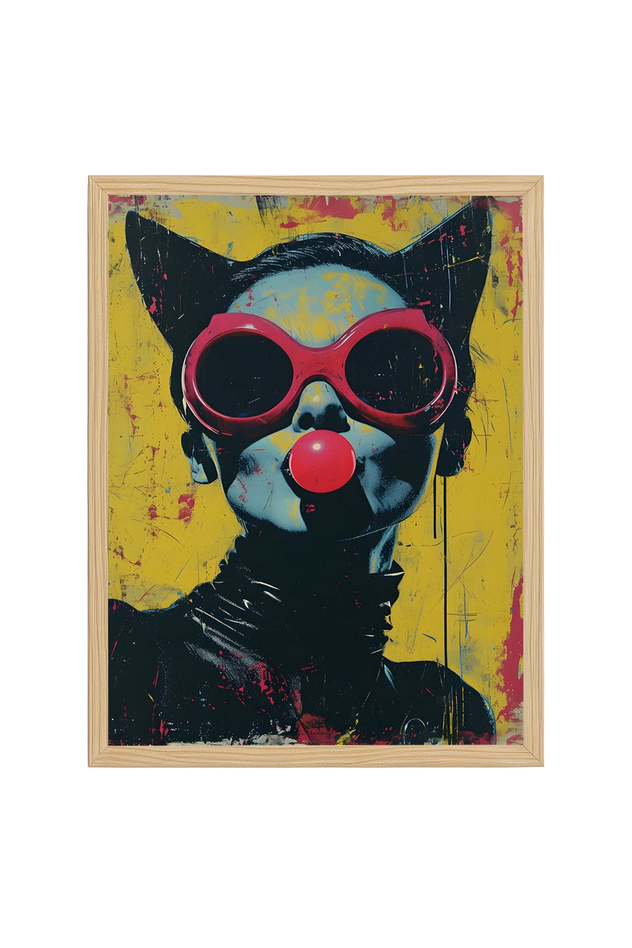 Doğal Ahşap Çerçeveli Pop Art Desenli Tablo - Sarı-Kırmızı | huhu1841
