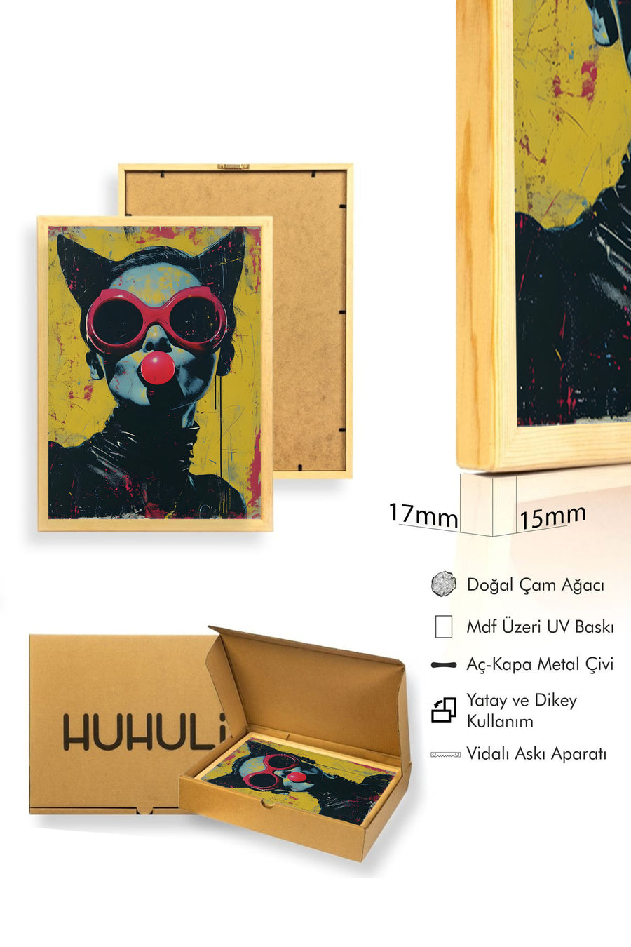 Doğal Ahşap Çerçeveli Pop Art Desenli Tablo - Sarı-Kırmızı | huhu1841