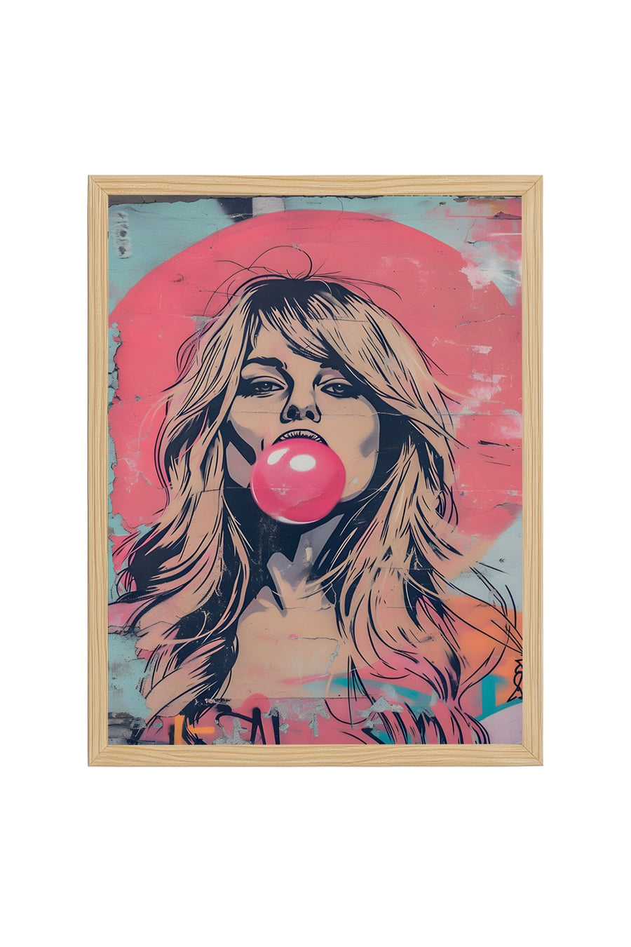 Doğal Ahşap Çerçeveli Grafik Portre Desenli Tablo - Pembe Tonlar | huhu1847