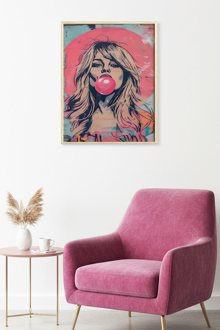 Doğal Ahşap Çerçeveli Grafik Portre Desenli Tablo - Pembe Tonlar | huhu1847