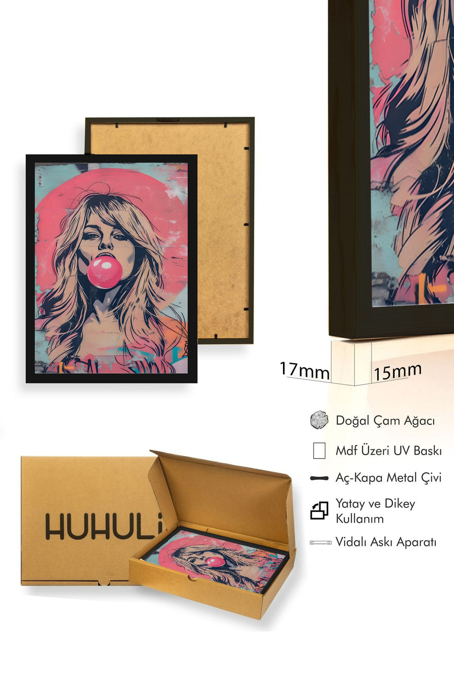 Doğal Ahşap Çerçeveli Grafik Portre Desenli Tablo - Pembe Tonlar | huhu1847