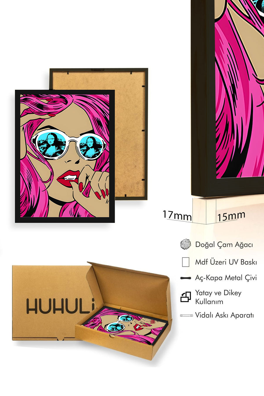 Doğal Ahşap Çerçeveli Pop Art Desenli Tablo - Pembe ve Mavi | huhu1848