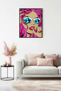 Doğal Ahşap Çerçeveli Pop Art Desenli Tablo - Pembe ve Mavi | huhu1848