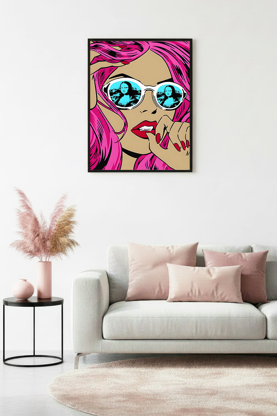 Doğal Ahşap Çerçeveli Pop Art Desenli Tablo - Pembe ve Mavi | huhu1848