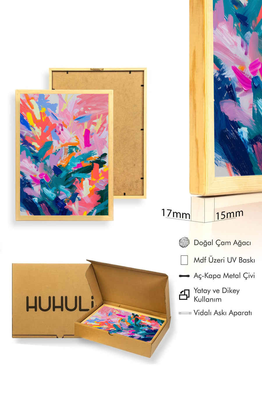Doğal Ahşap Çerçeveli Soyut Desenli Tablo - Canlı Tonlar | huhu1853