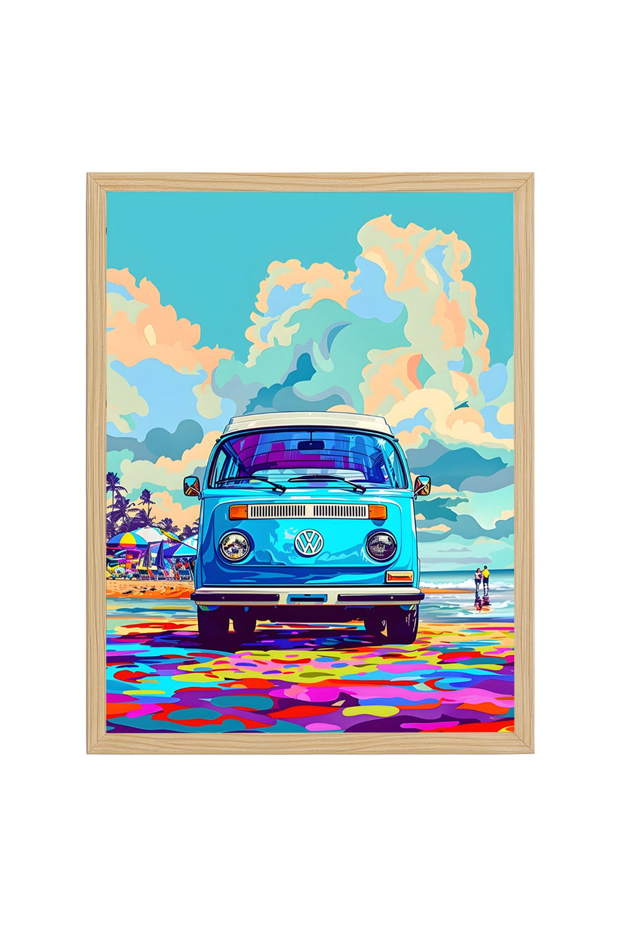 Doğal Ahşap Çerçeveli Pop Art Desenli Tablo - Retro Mavi Tonlar | huhu1855