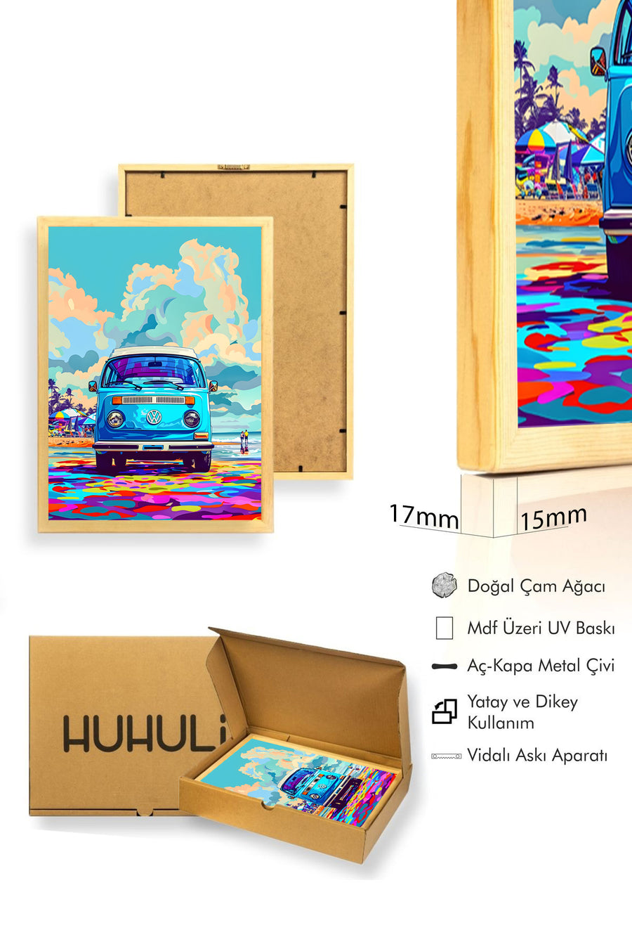 Doğal Ahşap Çerçeveli Pop Art Desenli Tablo - Retro Mavi Tonlar | huhu1855