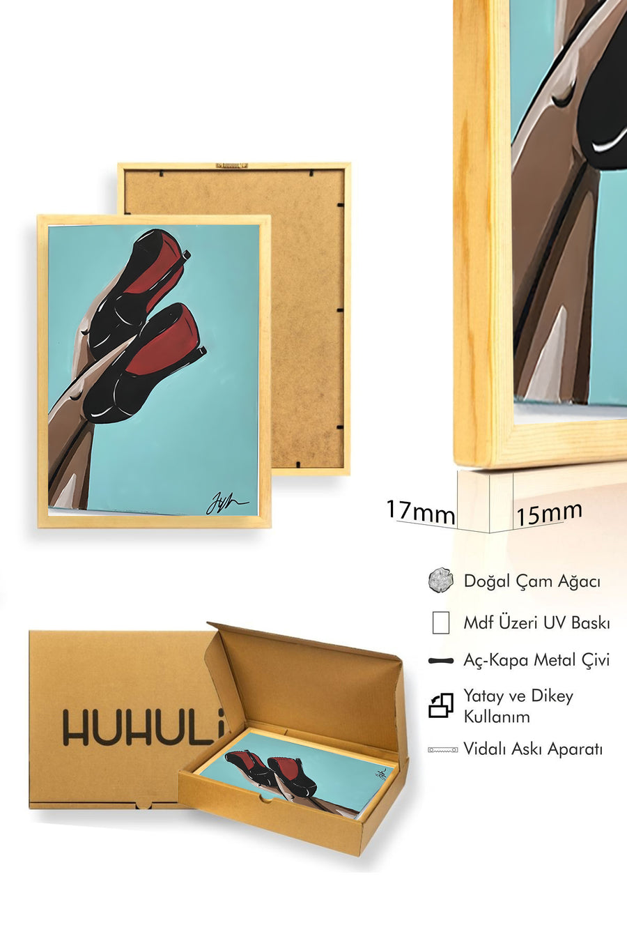 Doğal Ahşap Çerçeveli Kırmızı Siyah Ayakkabı Tablo - Moda Sanat Baskısı | huhu1857