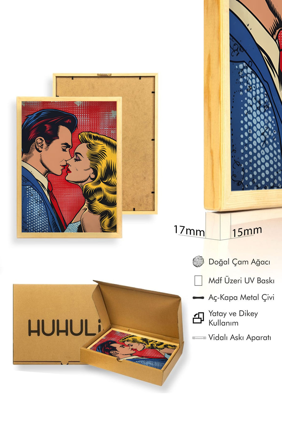 Doğal Ahşap Çerçeveli Romantik Pop Art Desenli Tablo - Kırmızı Tonlar | huhu1859