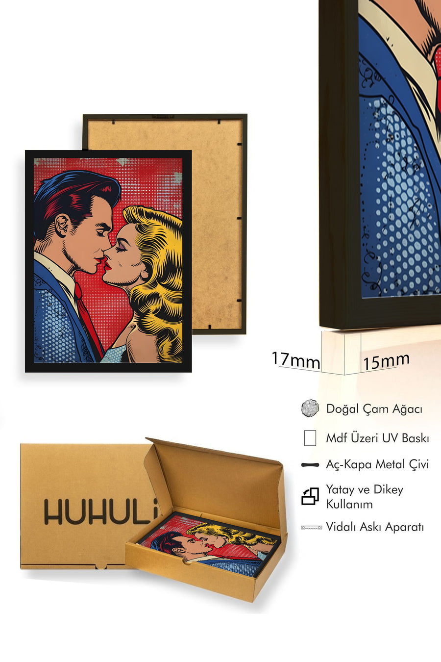 Doğal Ahşap Çerçeveli Romantik Pop Art Desenli Tablo - Kırmızı Tonlar | huhu1859