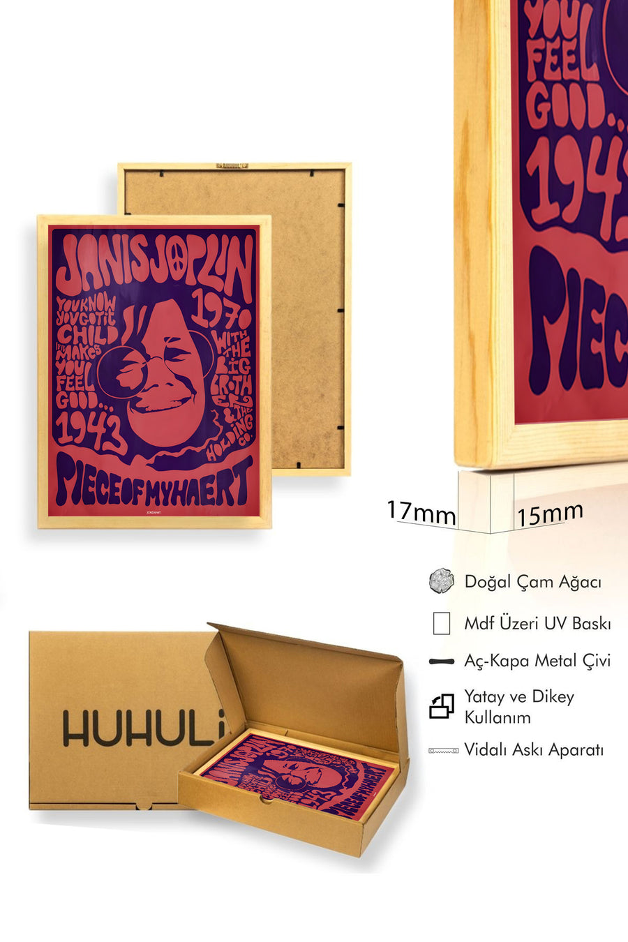 Doğal Ahşap Çerçeveli Retro Pop Art Tablo - Bordo-Mor | huhu1860