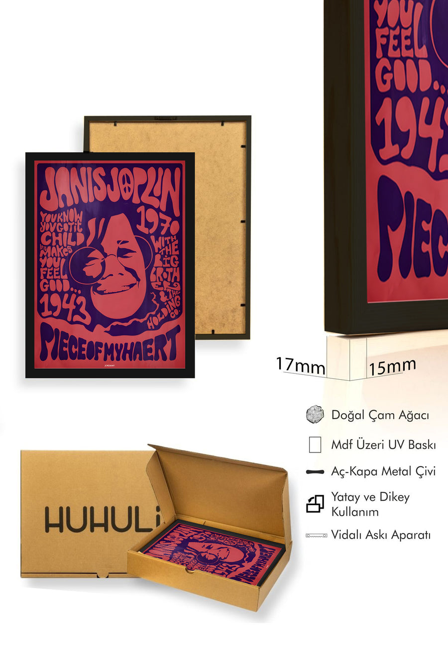 Doğal Ahşap Çerçeveli Retro Pop Art Tablo - Bordo-Mor | huhu1860