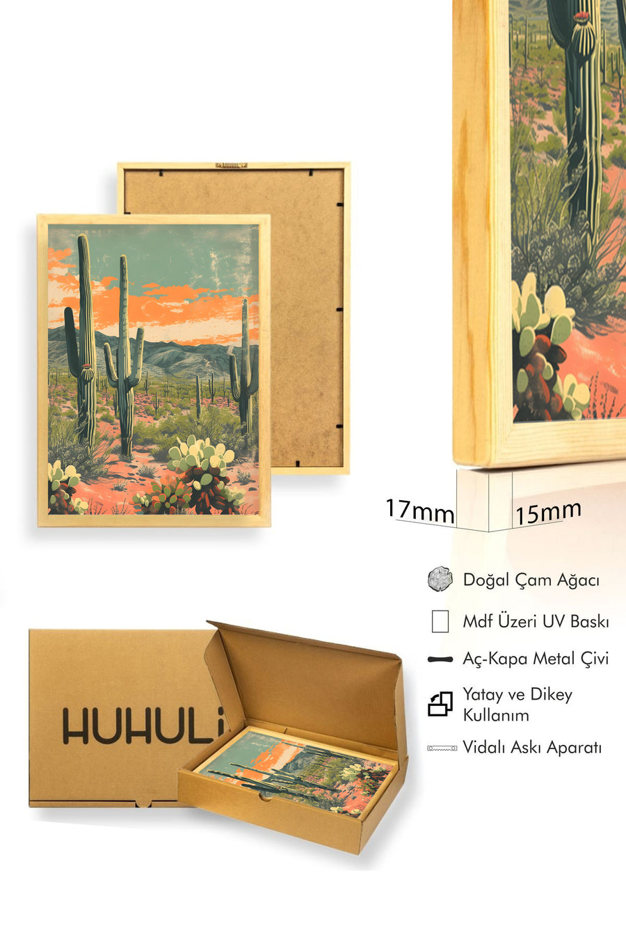 Doğal Ahşap Çerçeveli Minimalistik Çöl Tablo - Turuncu Tonlar | huhu1861