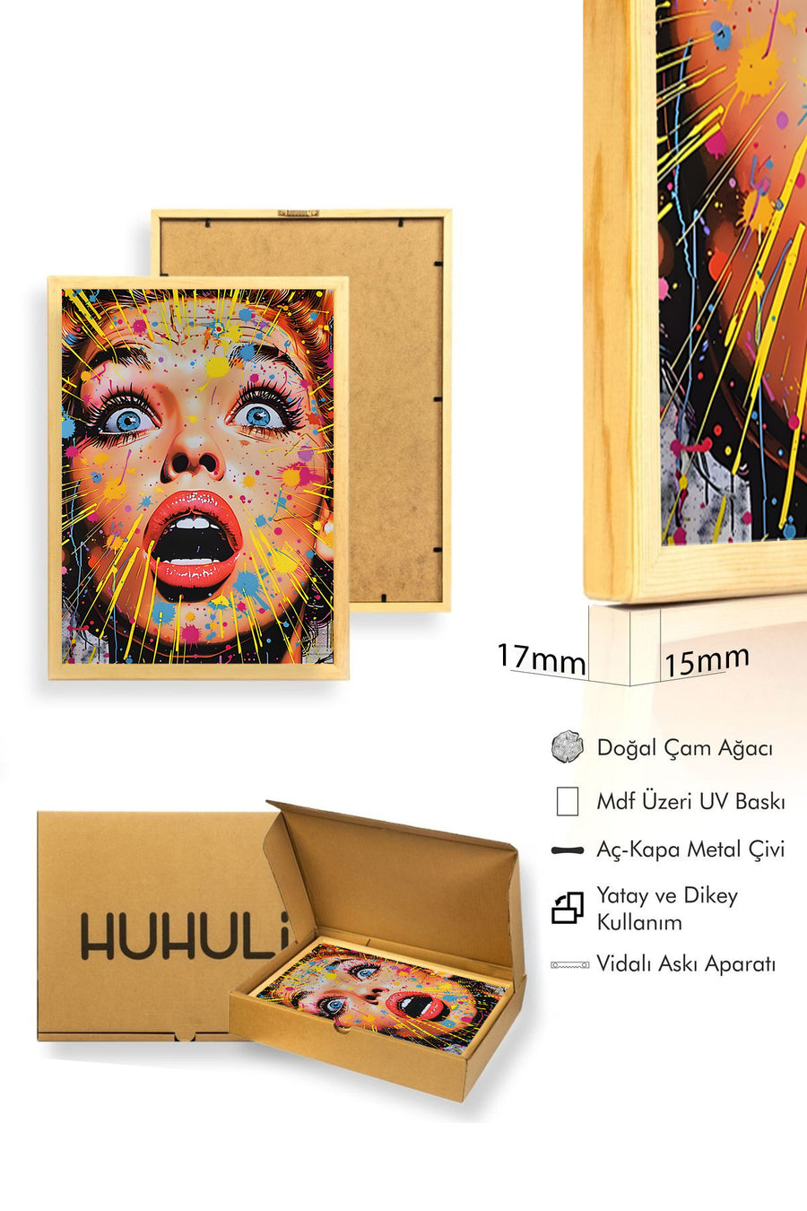 Doğal Ahşap Çerçeveli Pop Art Desenli Tablo - Canlı Renkler | huhu1863