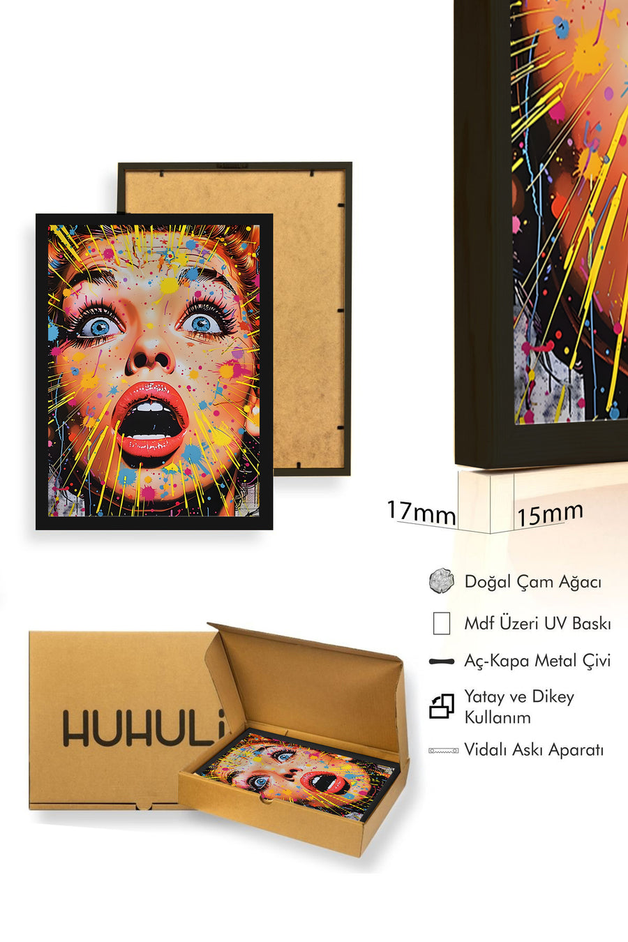 Doğal Ahşap Çerçeveli Pop Art Desenli Tablo - Canlı Renkler | huhu1863