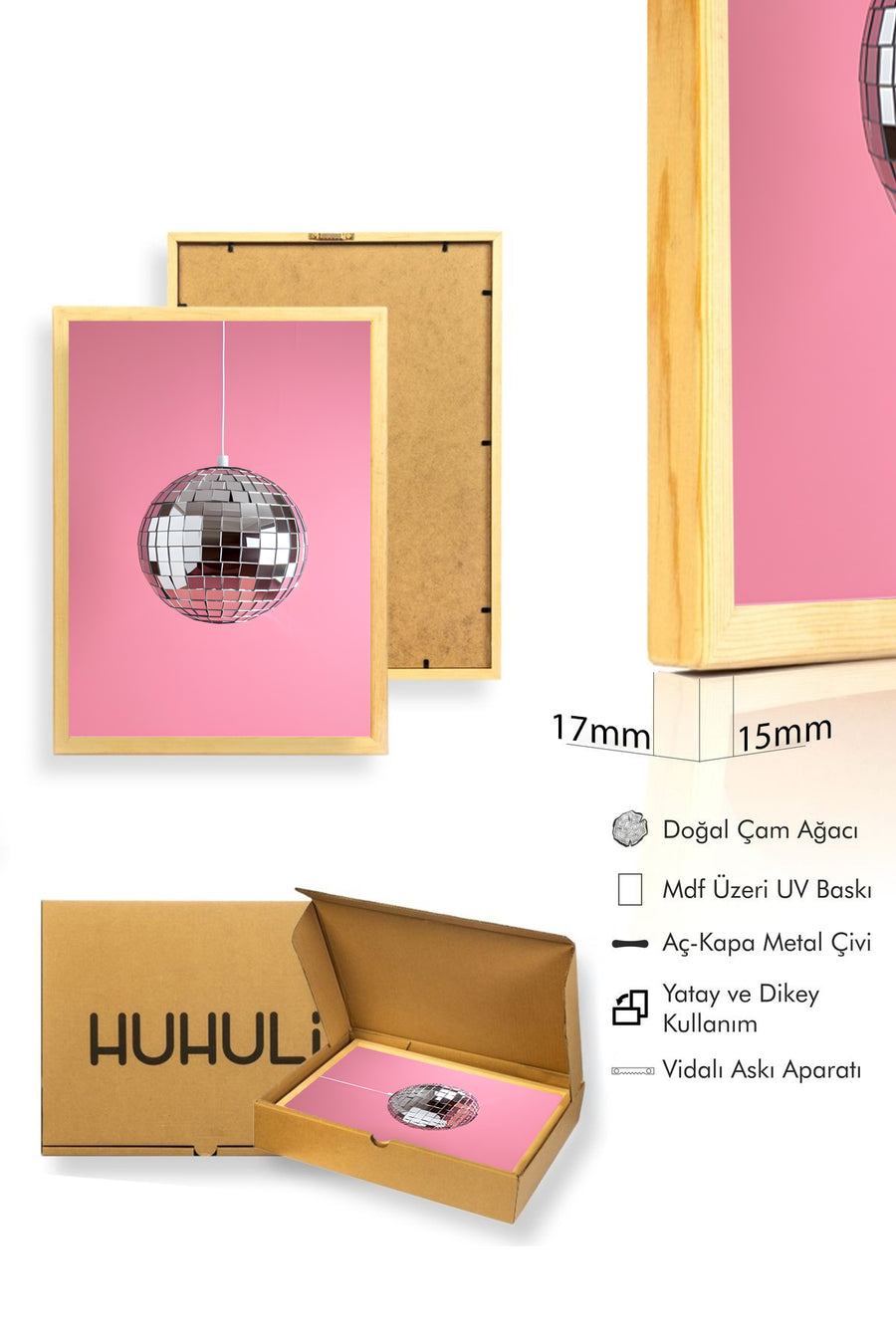 Doğal Ahşap Çerçeveli Aynalı Geometrik Tablo - Disco | huhu1865